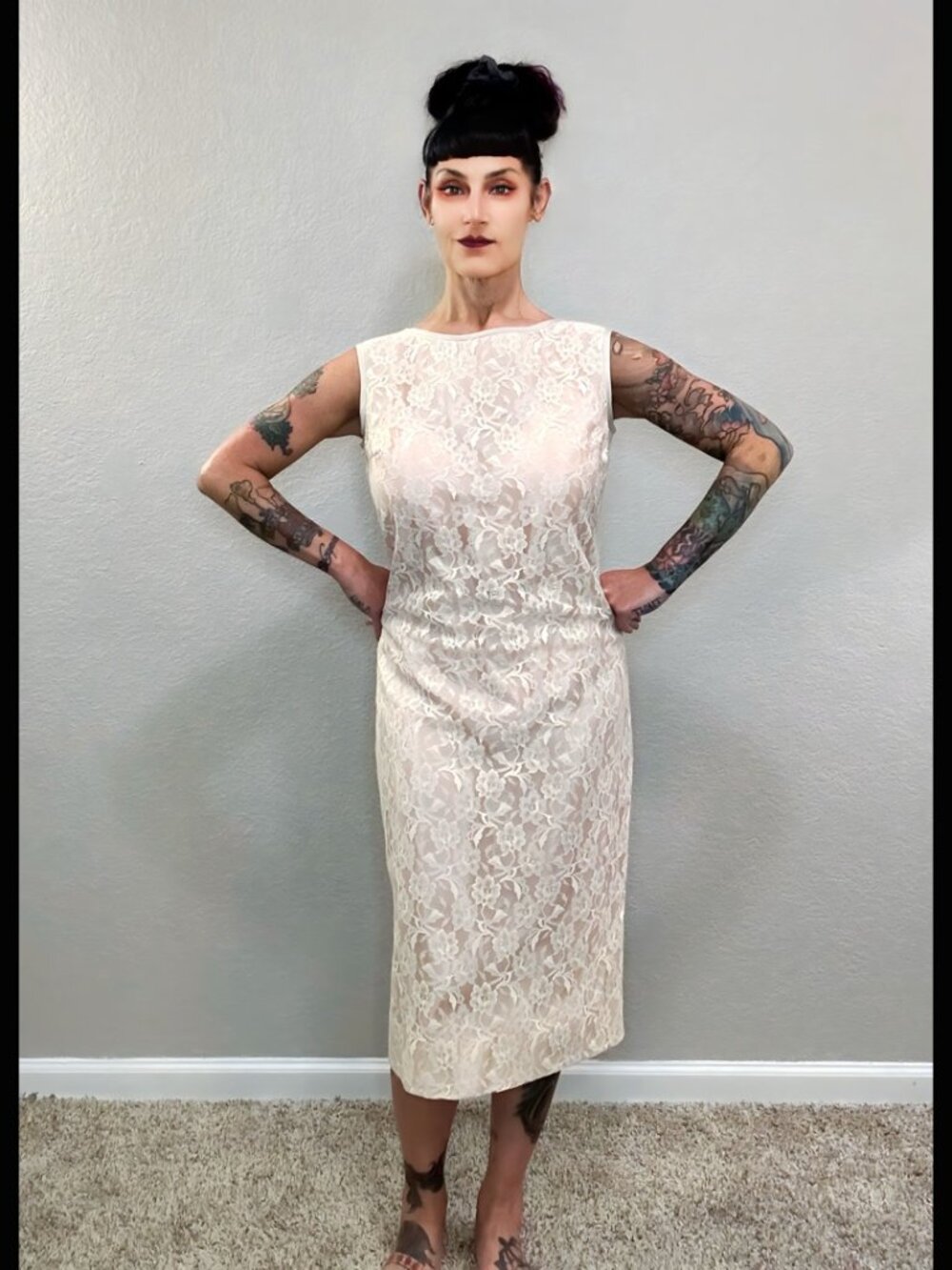 60s Pink Lace Sheath Dress Bodycon Mod MCM Wedding Formal Pinup Rockabilly M L
